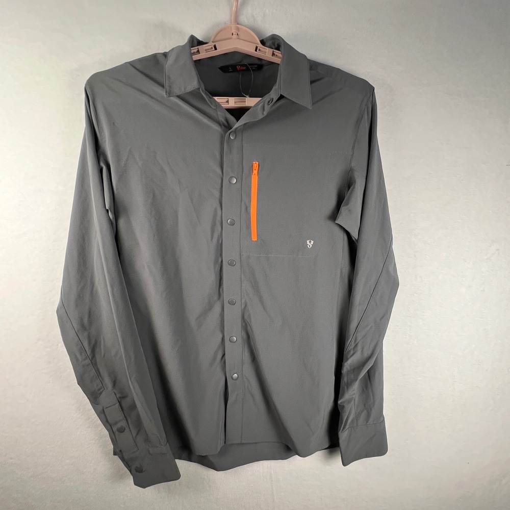 Stoic Mens Large Performance Button Up Shirt Gray Water Repellent Stretch Hiking